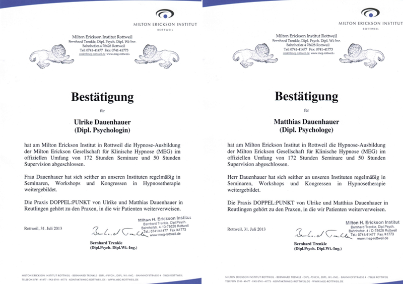 Bescheinigungen über die Ausbildung in Hypnotherapie (2 Seiten als Bild)